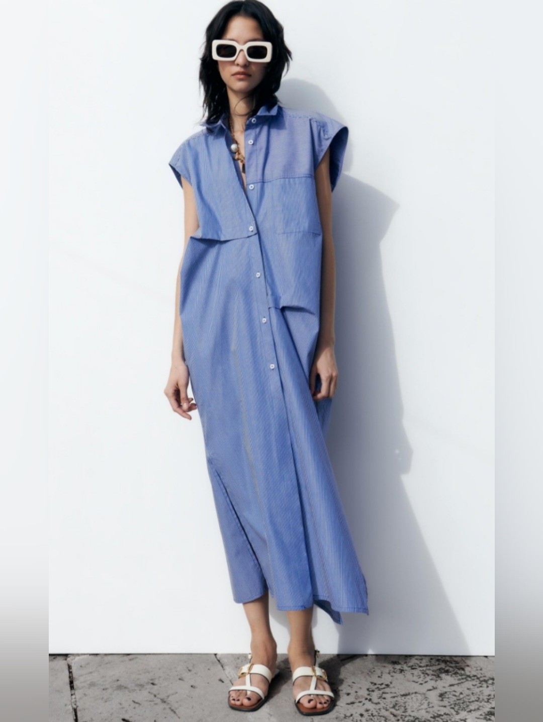 Zara Blue & White Contemporary Striped Cotton Shirtdress Xl